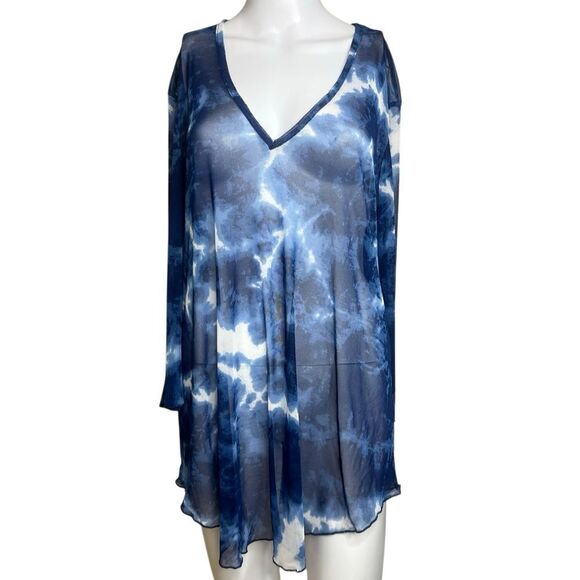 Jordan Taylor Blue and White Tie-Dye V-Neck  Mesh Tunic Medium - Picture 1 of 3